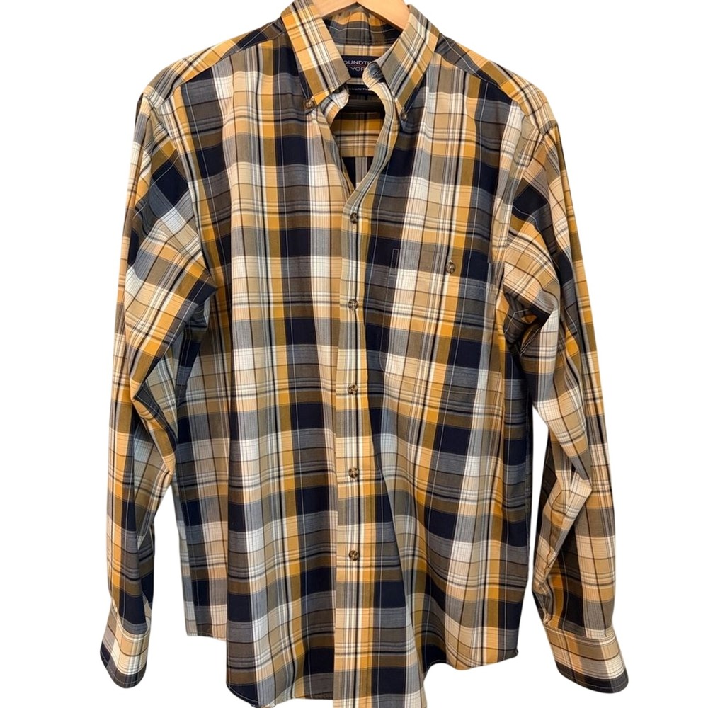 Roundtree & Yorke Wrinkle Free, Gold and Navy Plaid Shirt,‎ Size Medium